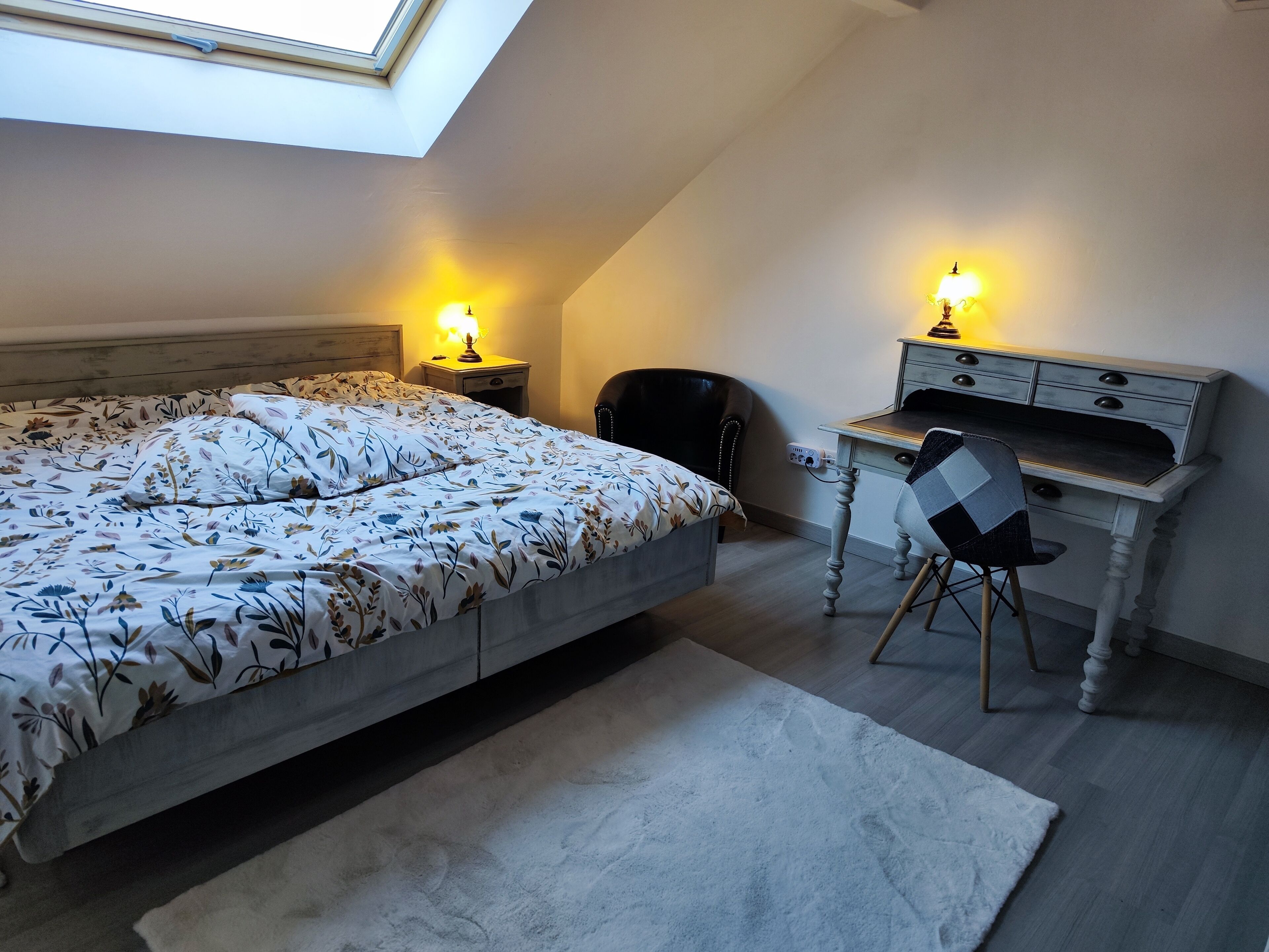 A bedroom with a bed, a desk, a chair, and a skylight.