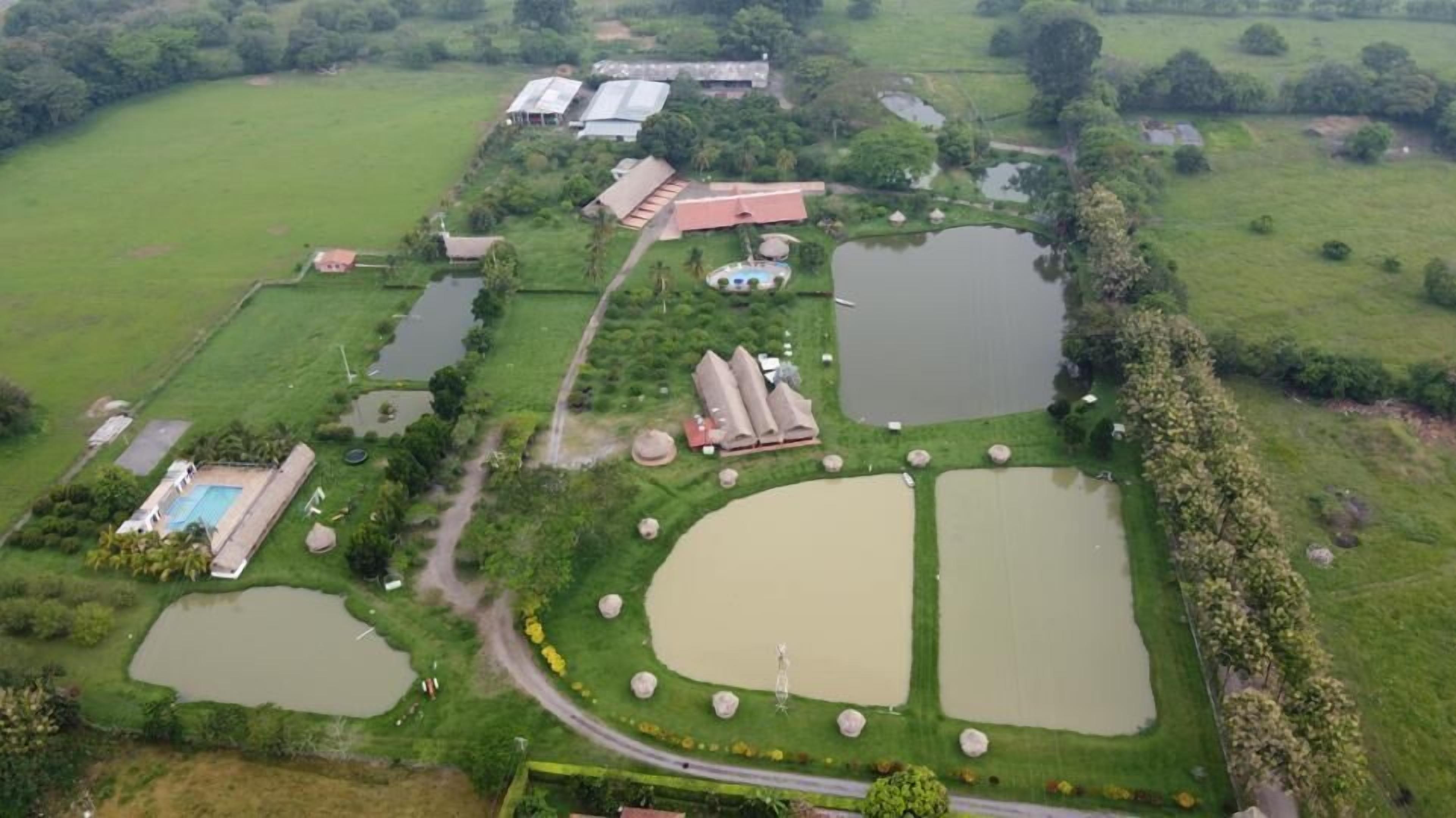 An aerial view of a rural property with multiple ponds, a swimming pool, and several buildings including a large house and barns.