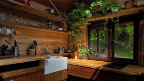 A rustic kitchen with wooden shelves, a sink, and hanging plants. - Hapus Hideaway Retreat Site, Sleeps 29 (Abergele)