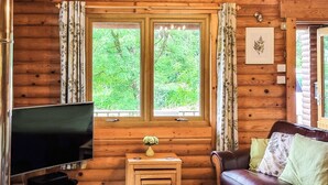 A log cabin interior with a television, a small table with a vase, a leather sofa, and a window with a view of greenery. - 3 bedroom accommodation in Llanfynydd (Llanfynydd)