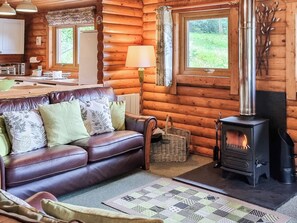 A log cabin interior with a leather sofa, a fireplace, a dining area, and a view of the outdoors.
