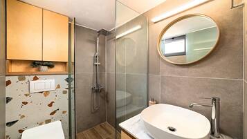 Hair dryer, towels, soap, toilet paper