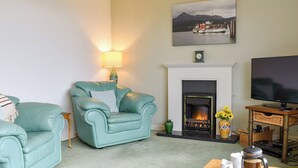 Una sala de estar con un sillón azul verdoso, un sofá, una chimenea, un televisor y una mesa de centro con una cafetera.