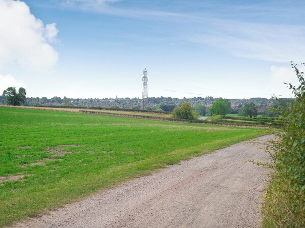 Un paysage rural avec un chemin de gravier qui traverse des champs verdoyants, un pylône électrique visible au loin, et un arrière-plan composé d’arbres et de bâtiments.
