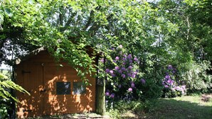 A wooden shed with a window and a door, surrounded by lush greenery and purple flowers.