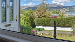 A view through a window of a house with a door, a hedge, and a mountain in the background.