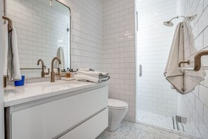 Hair dryer, towels, soap, toilet paper