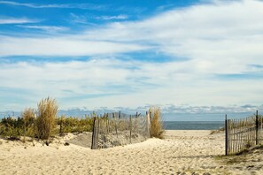 Una spiaggia sabbiosa con una recinzione di legno e vegetazione rada.