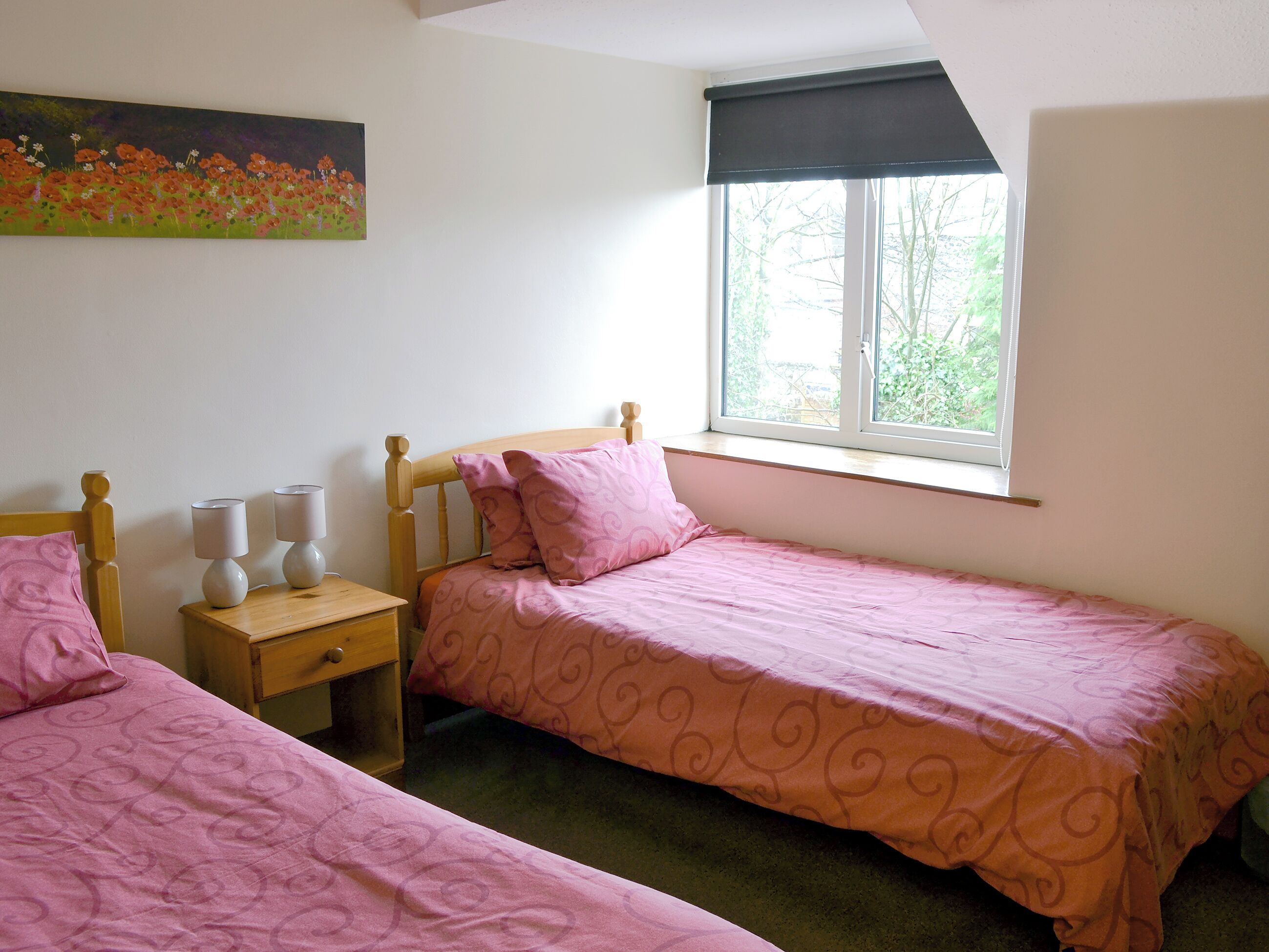 Een slaapkamer met twee enkele bedden, een nachtkastje met lampen, een raam met een verduisterend rolgordijn en een schilderij aan de muur.