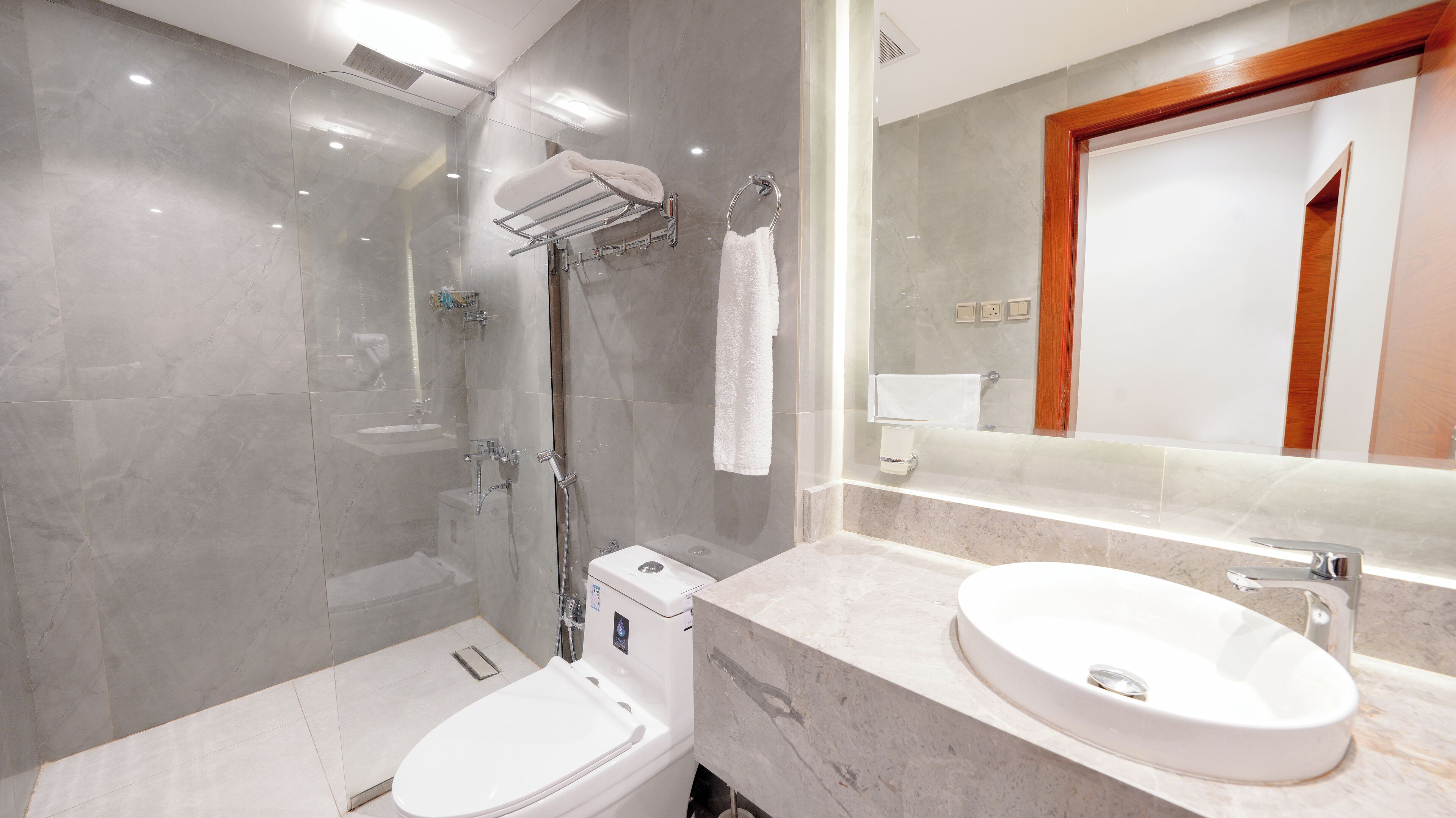 Une salle de bain moderne avec une douche à parois de verre, des toilettes blanches et un lavabo en marbre agrémenté d’un grand miroir.