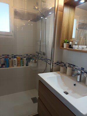 Ducha, secador de pelo, toallas y jabón