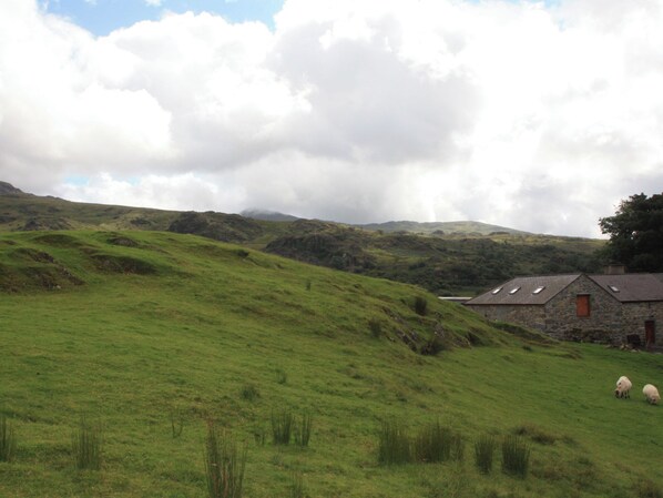 A stone building with a sloped roof and a small window, surrounded by a grassy field and hills in the background. - 3 bedroom accommodation in Rhyd Ddu, Caernarfon (Rhyd Ddu, Caernarfon)