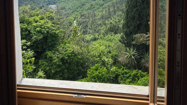 A window view of a mountainous landscape with dense greenery and a clear sky. - Historic house surrounded by greenery, near outdoor activities and sea (Liguria)