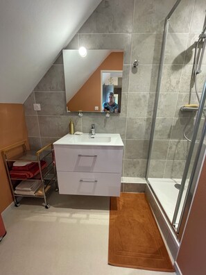Shower, towels, toilet paper