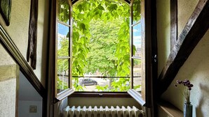 Une fenêtre donnant sur un arbre et une voiture garée à l’extérieur.