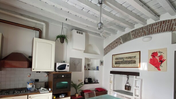Una cocina con armarios blancos, encimera de madera, mesa de vidrio y una planta colgante.