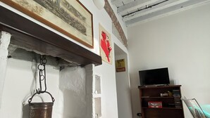 Una habitación con chimenea, televisión y suelo de madera.