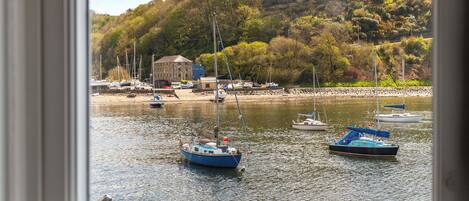 A view of a harbor with boats, a building, and a hillside with trees.