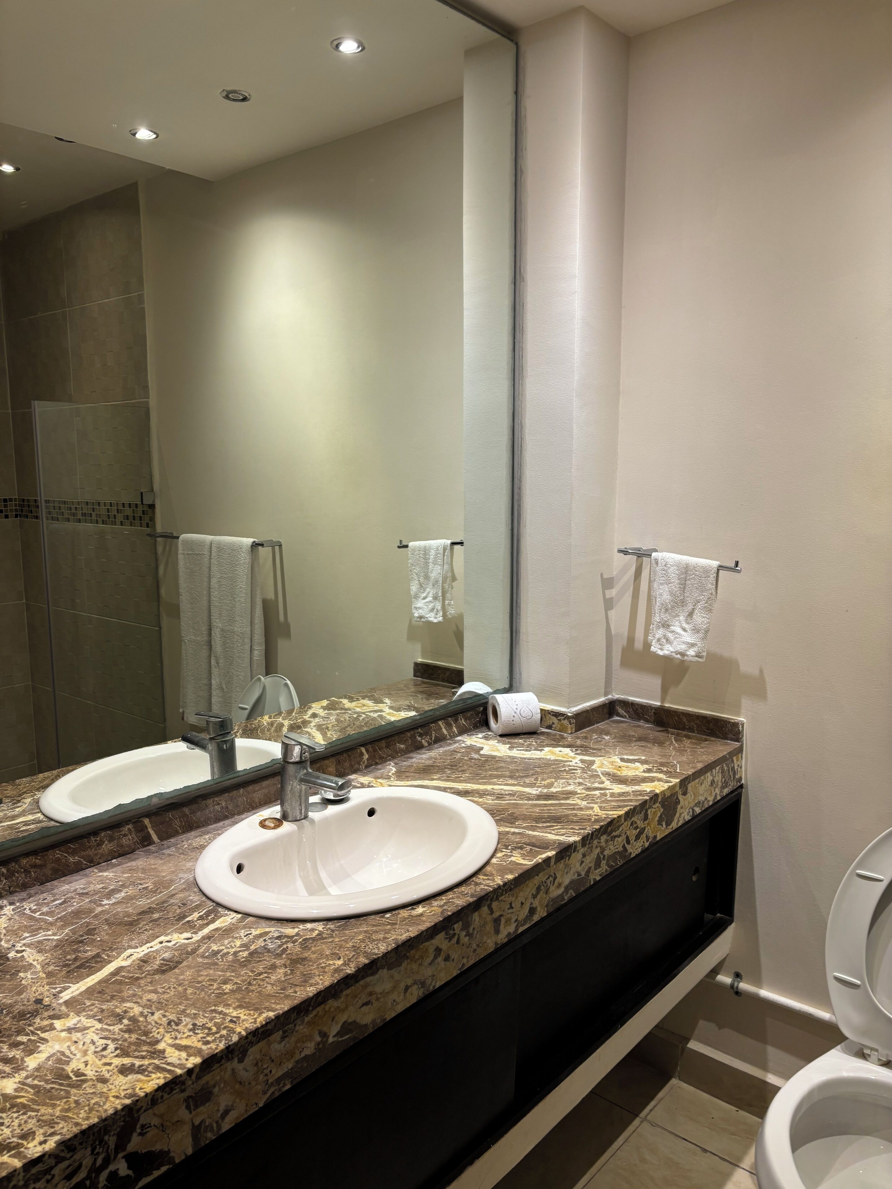 Une salle de bain avec un grand miroir, deux lavabos, des toilettes et un espace douche.