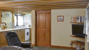 Un salon avec un canapé en cuir, une porte en bois, un coin cuisine avec un lave-linge et un téléviseur posé sur un meuble en bois.