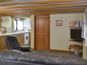 A living room with a leather couch, a wooden door, a kitchen area with a washing machine, and a television on a wooden stand. - 2 bedroom accommodation in Dunterton, near Tavistock (Dunterton, near Tavistock)
