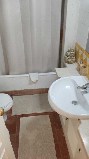 Hair dryer, bidet, towels, soap