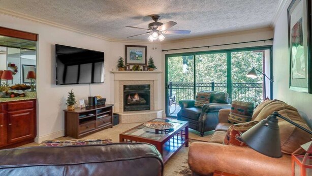 A living room with a fireplace, leather sofas, a TV, and a balcony with a view of trees. - Creek and Mountain Views.  Can’t ask for more (Gatlinburg)