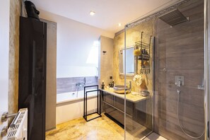 Hair dryer, towels, soap, shampoo