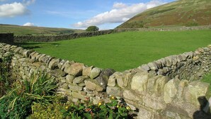 A stone wall surrounding a green field with a stone wall in the foreground. - 6 bedroom accommodation in Muker (Muker)