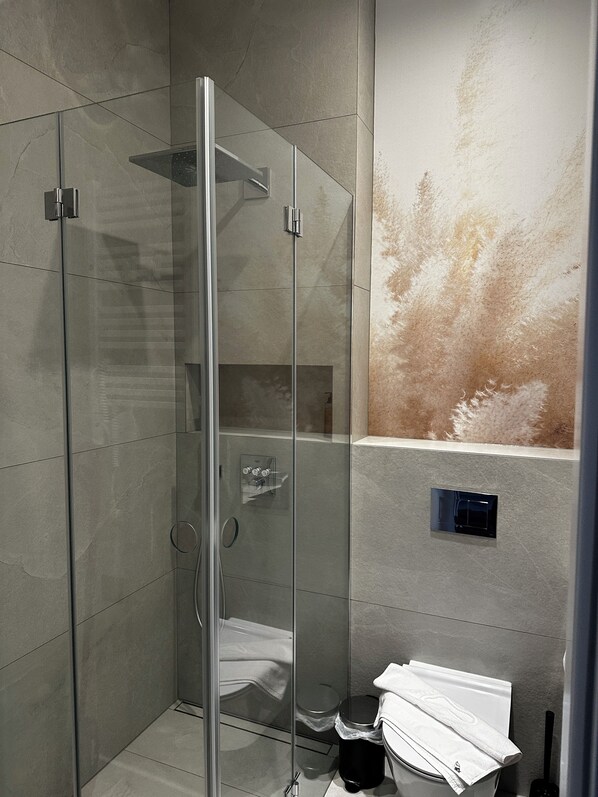 A modern bathroom with a glass-enclosed shower, a toilet, and a sink.