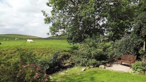 A grassy field with a bench and a tree. - A real ’Escape to the Country’ in truly welcoming surroundings. (Askrigg)