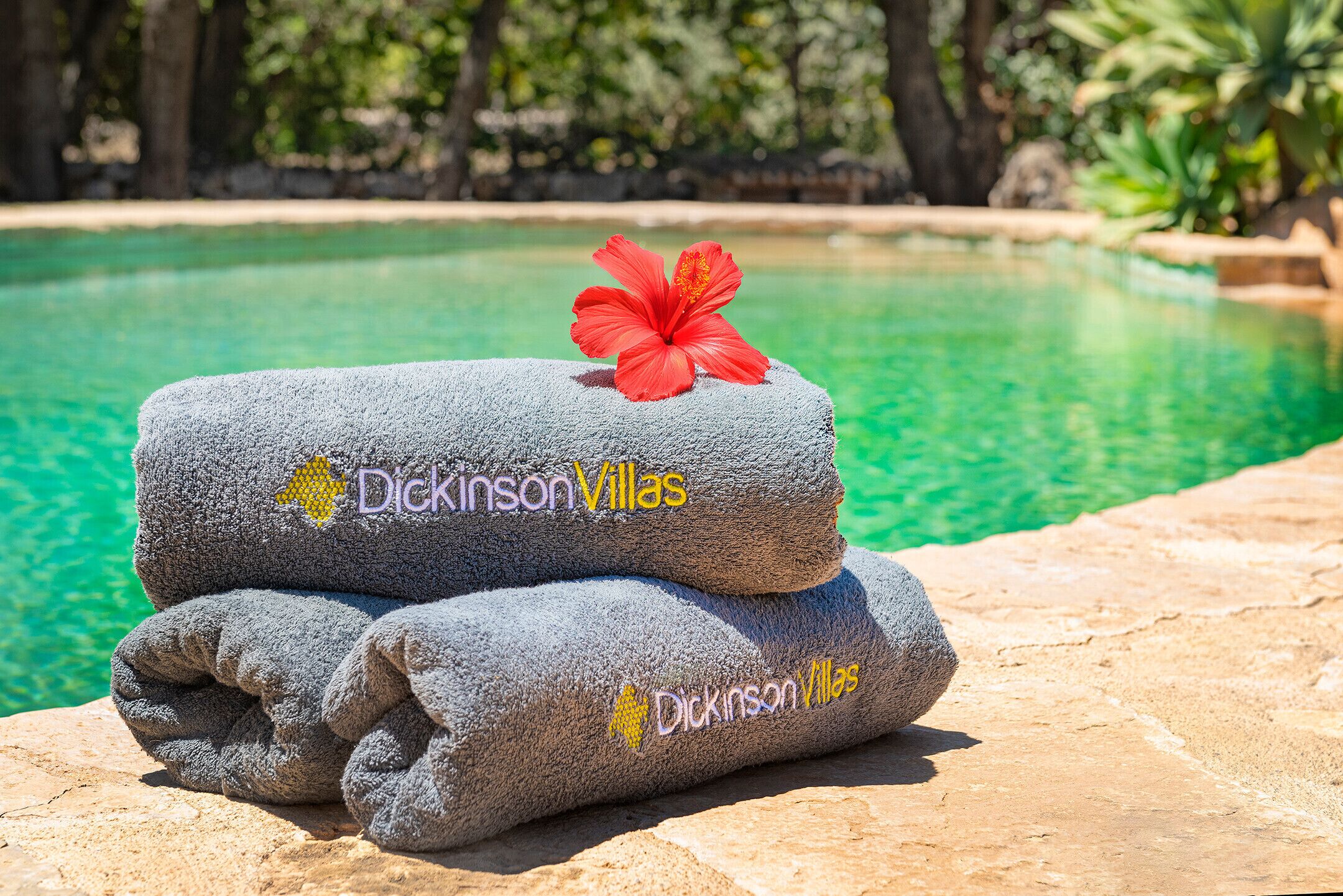 Deux serviettes portant la marque « Dickinson Villas », posées sur une surface en pierre près d’une piscine.