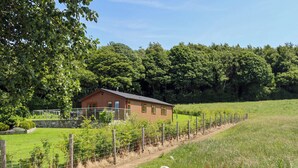 A rural setting with a small brick house surrounded by a fenced area and lush greenery.