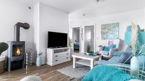 A modern living room with a fireplace, a television, and a sofa. - Beautiful apartment in Olpenitz (Olpenitz)