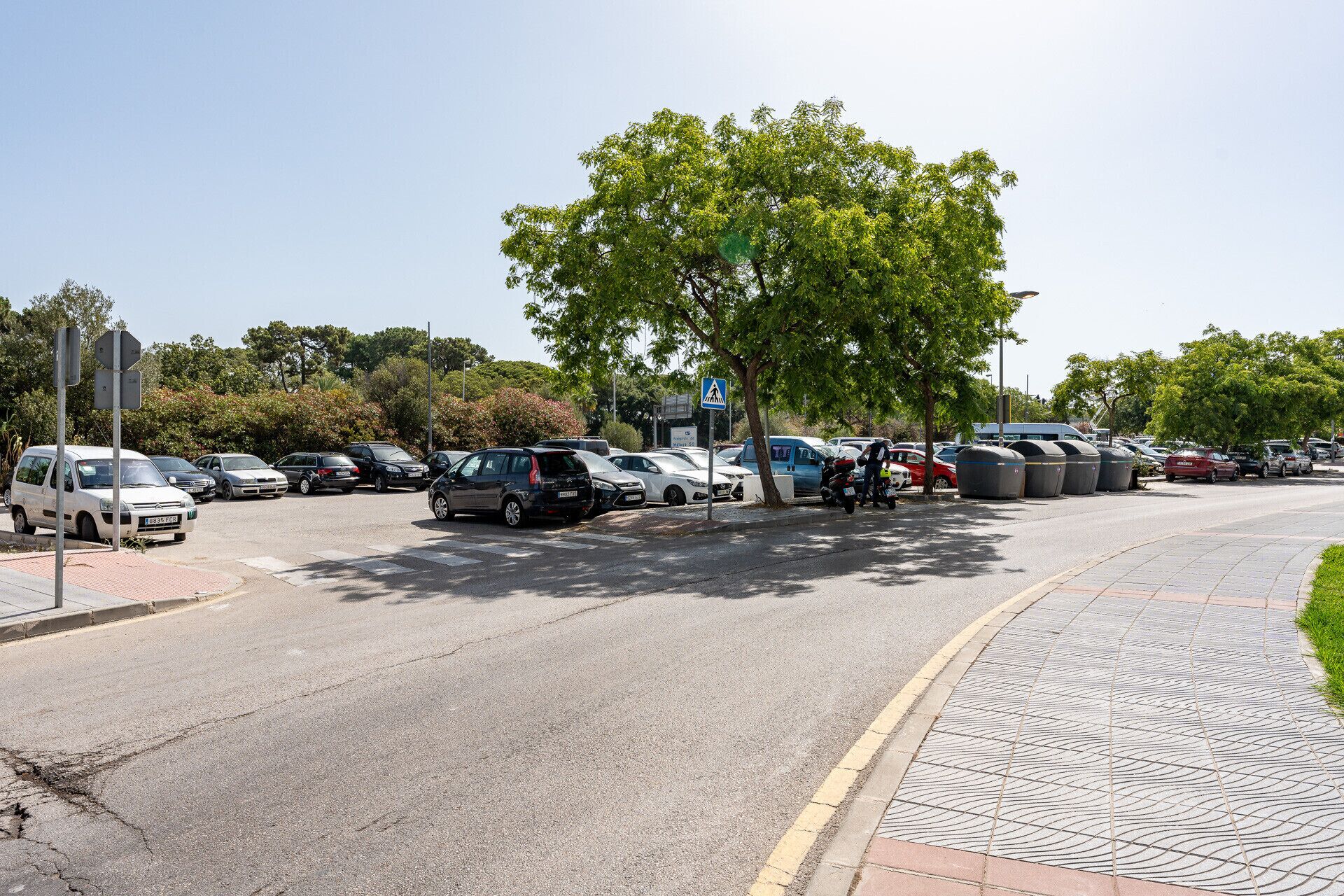 A parking lot with multiple cars, a pedestrian crossing sign, and a tree.