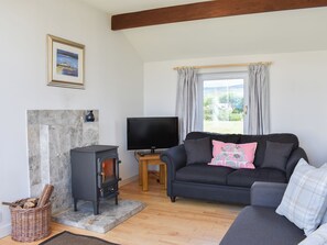 A living room with a fireplace, a television, and a sofa with cushions.