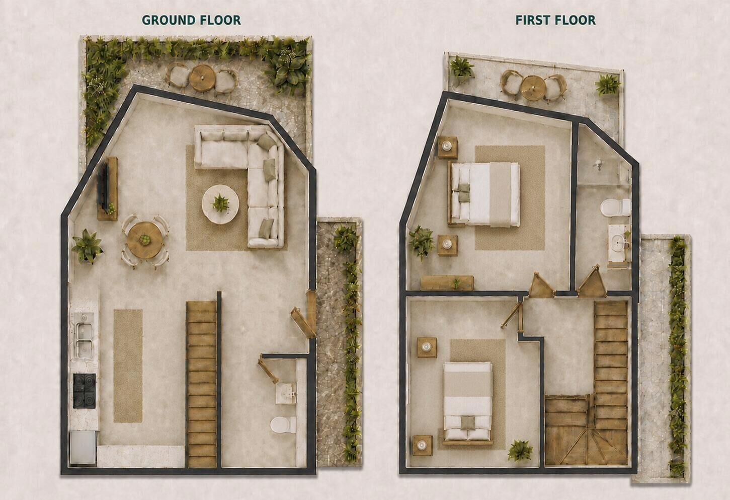 Distribución de una casa en planta baja y primer piso, con sala de estar, cocina y baño.