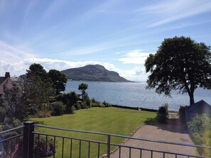 A view of a grassy area with a body of water and a mountain in the background.