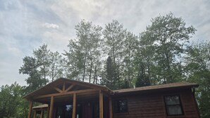 A wooden cabin with a porch, surrounded by trees. - Right on the Tuscobia Trail Cozy 2-bedroom cabin in  Winter with WiFi,  AC  (Winter)