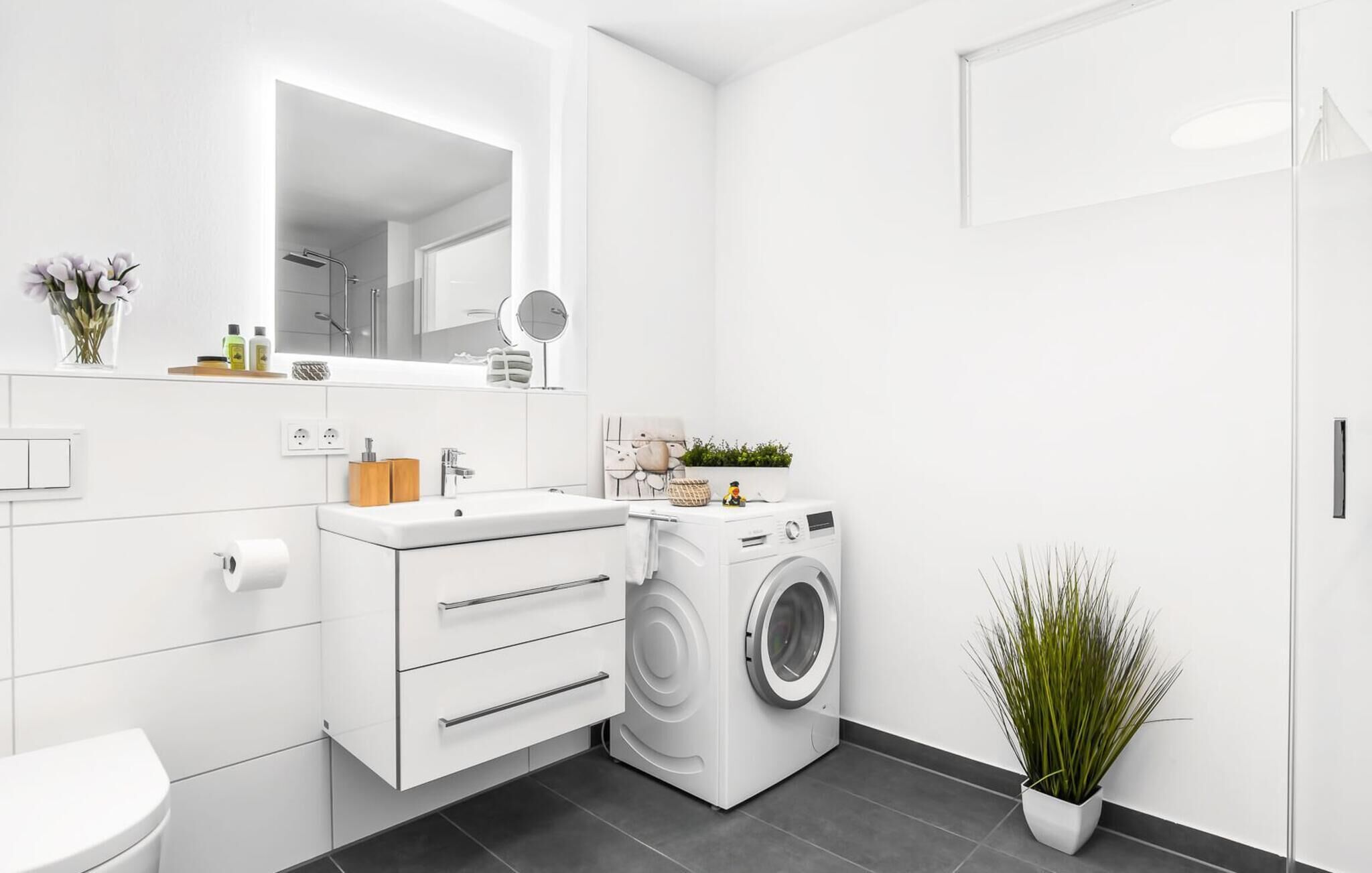 Une salle de bain moderne avec un lavabo blanc, un miroir et un lave-linge encastré. On y trouve également des toilettes, une petite plante et une étagère avec des articles de toilette.