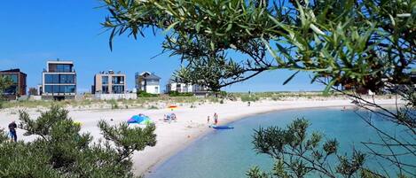 On the beach, waterskiing