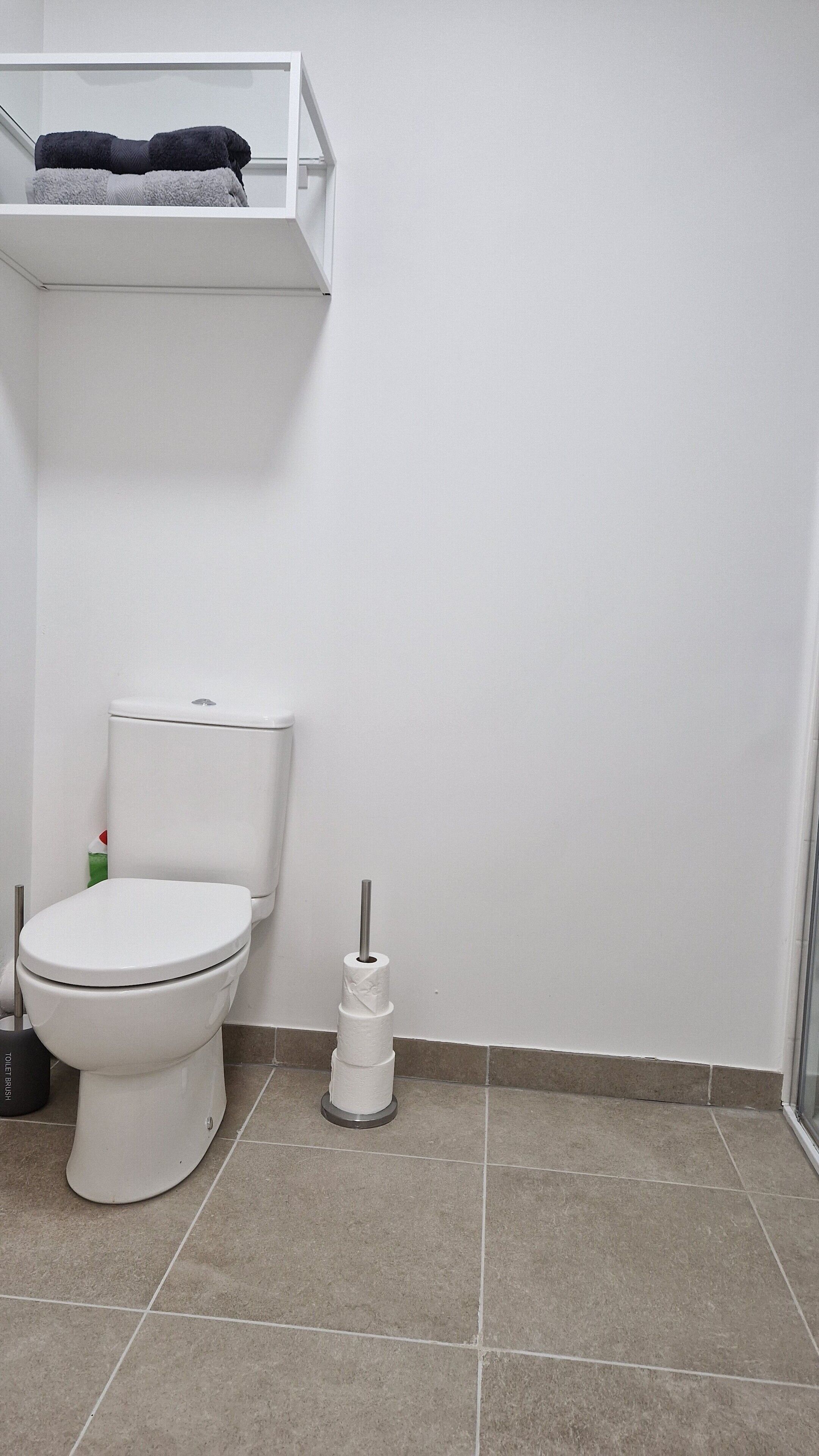 Un bany amb vàter, raspall de vàter i dispensador de paper higiènic.