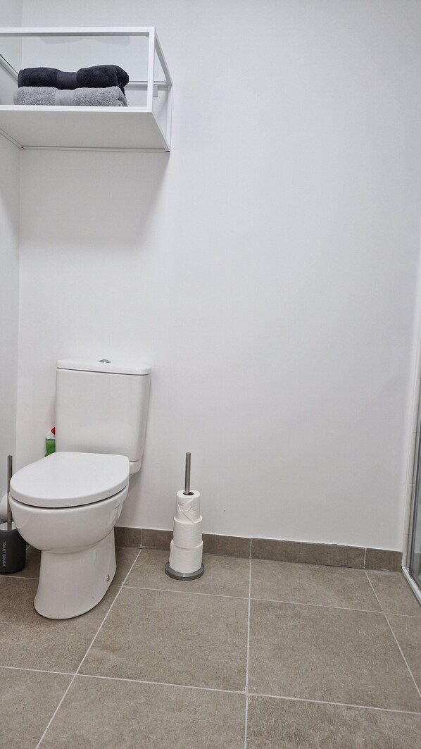 A bathroom with a toilet, a toilet brush, and a toilet paper holder.