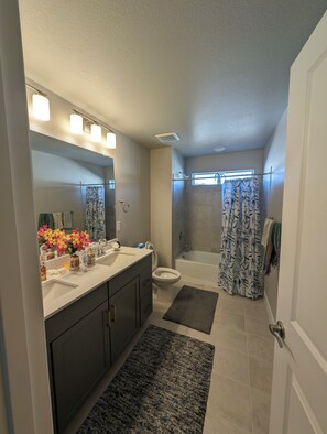 Hair dryer, towels, soap, toilet paper