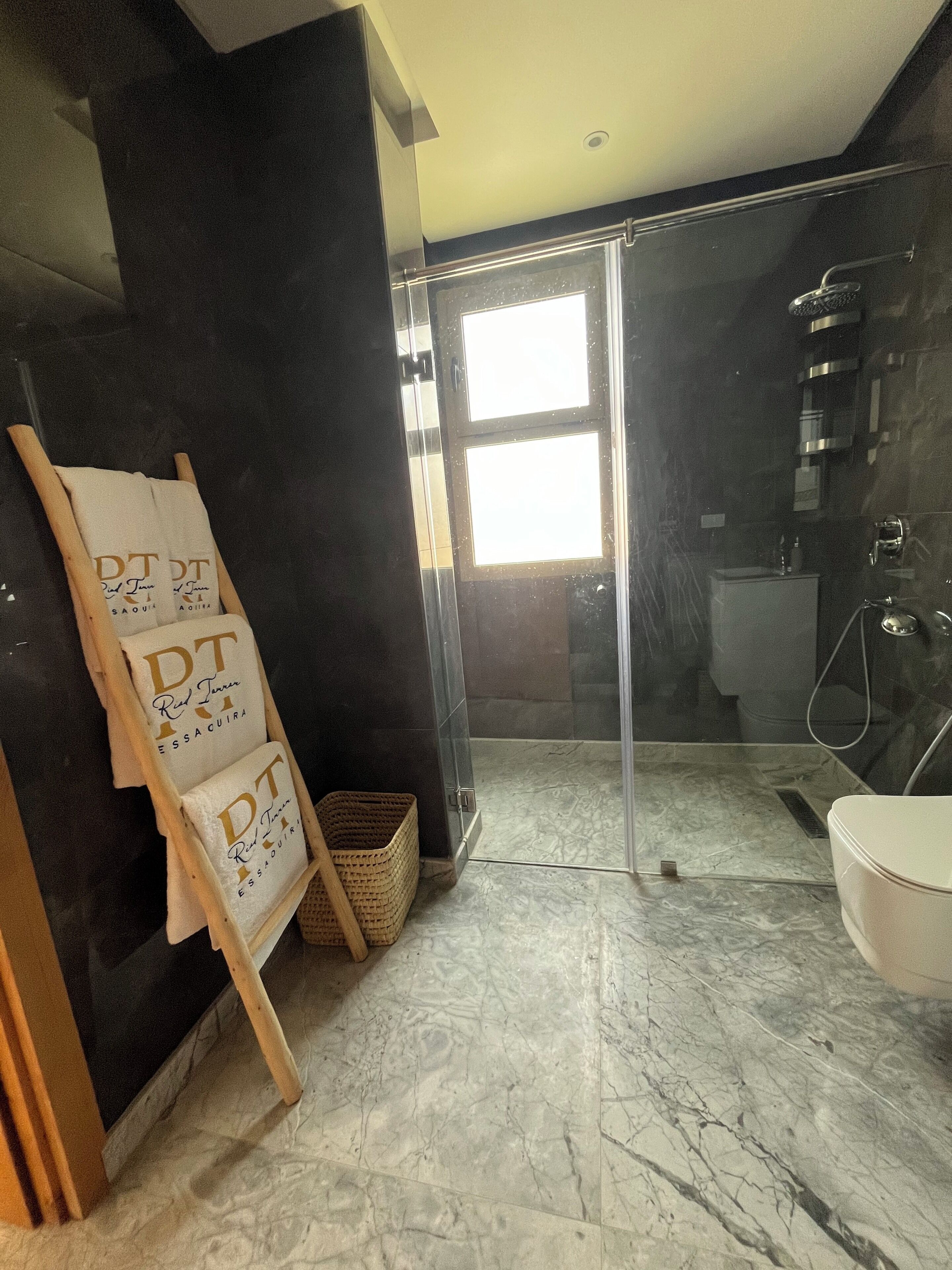 A modern bathroom with a glass shower enclosure, a white toilet, and a wooden easel with towels.