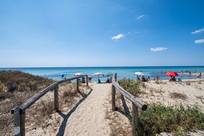 Sentiero sulla spiaggia che conduce al mare, con ringhiere di legno e ombrelloni.