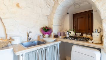 Fridge, stovetop, coffee/tea maker, electric kettle