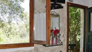 Une pièce rustique avec une chaise en bois, une fenêtre donnant sur un paysage verdoyant, un miroir agrémenté d’un rideau à motifs et une porte menant à l’extérieur.