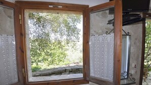 Une pièce avec une fenêtre à cadre en bois, un miroir et un téléviseur posé sur un meuble.