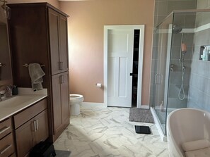Hair dryer, towels, soap, shampoo